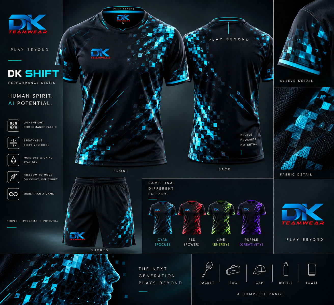DK Shift bespoke clothing concept with DKteamwear branding, a cyan patterned shirt, matching shorts and four colourways
