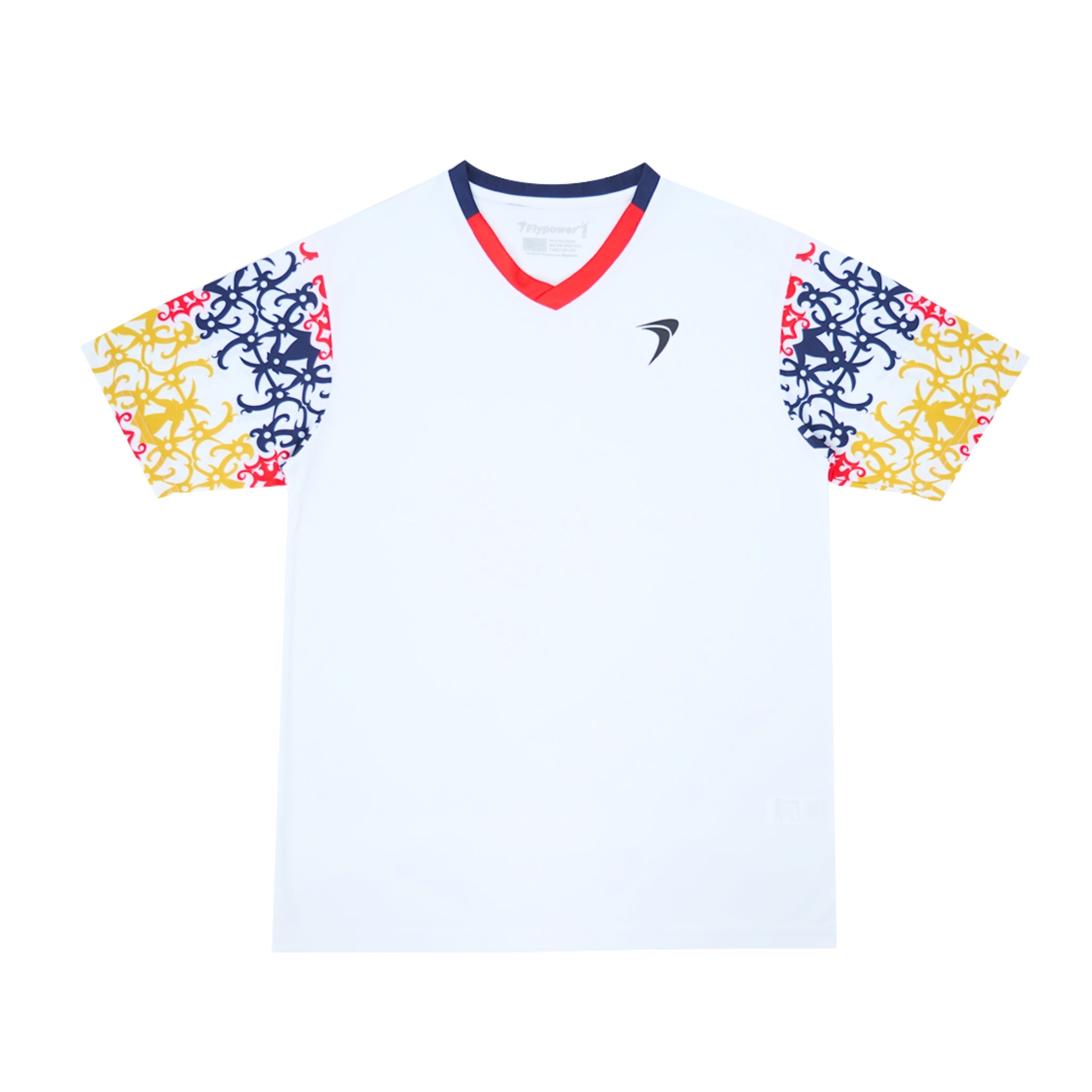 White Flypower Krakatau 8 unisex badminton shirt with patterned sleeves