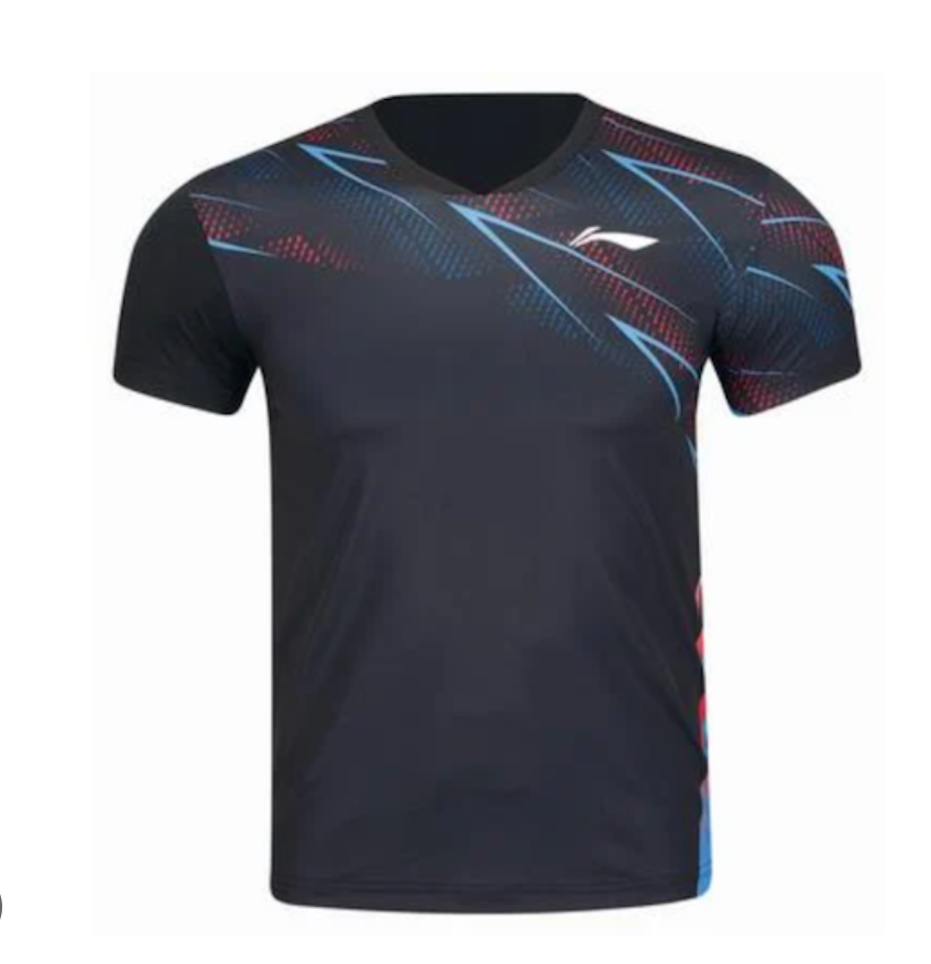 Black Li-Ning badminton competition shirt with blue and red detailing