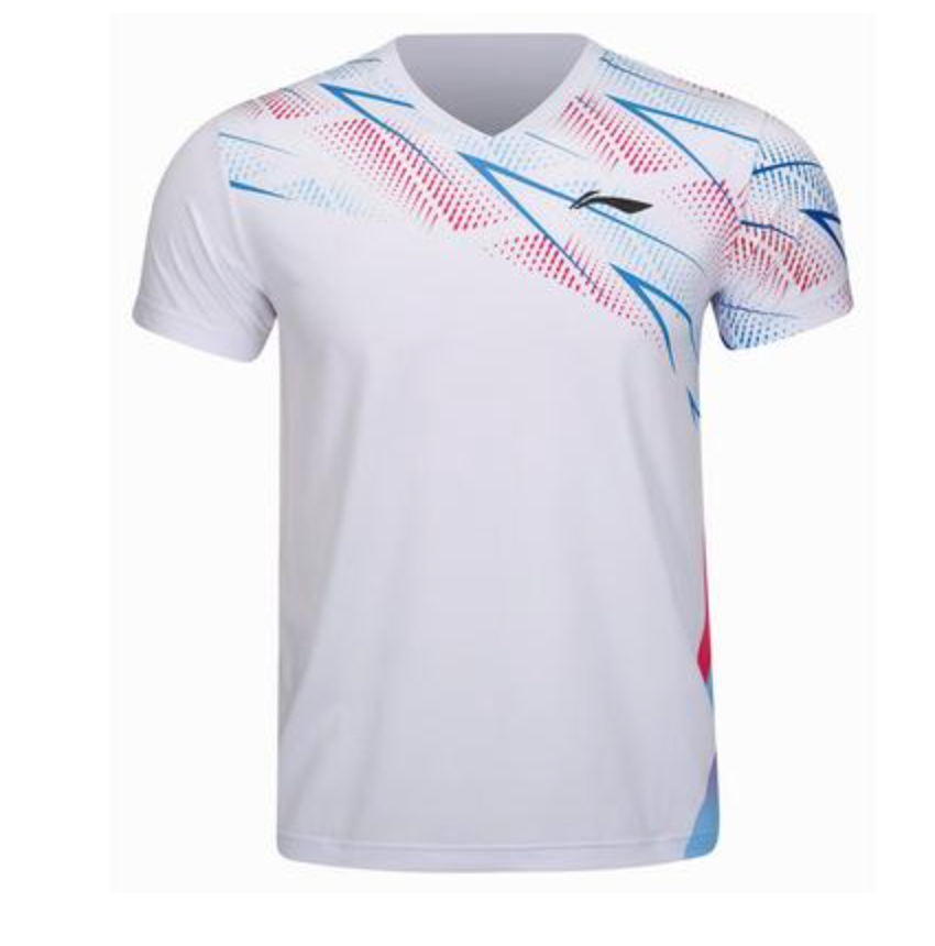White Li-Ning badminton competition shirt with blue and red detailing